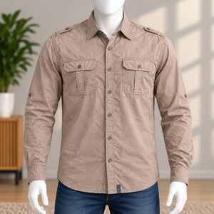 Straight Faded Button Front Shirt Mens 2XL Brown Long Sleeve Epaulet Pockets